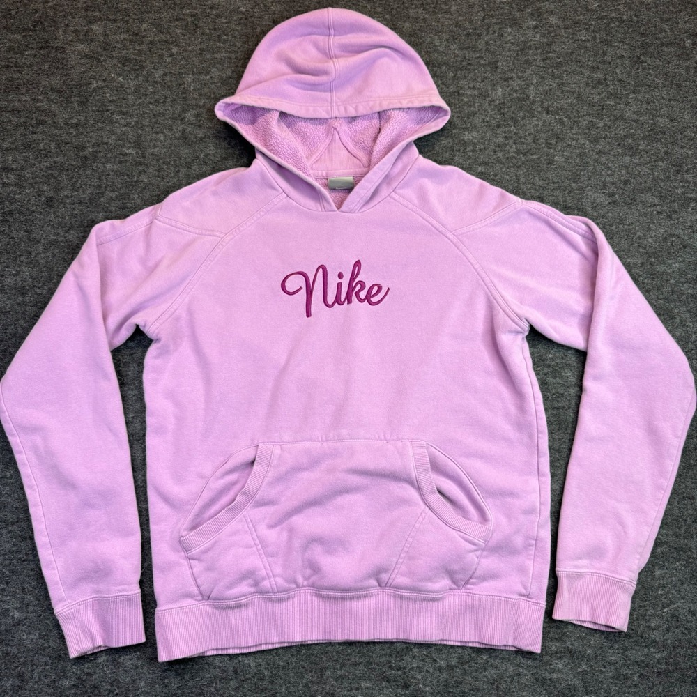Nike Hoodie Women Large Purple Script Logo Fleece Pullover‎ Raglan L(12-14)